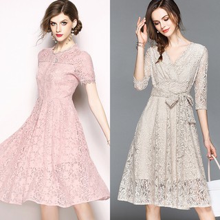 Đầm ren Quảng Châu lót lụa dáng dài chấm gối màu hồng, xám