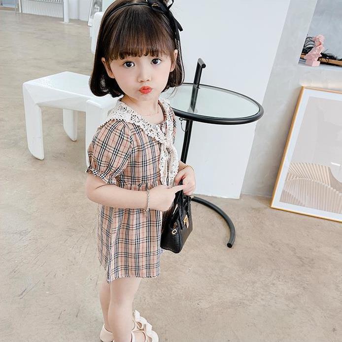 Đầm công chúa tay ngắn kẻ sọc caro thiết kế thời trang mùa hè theo phong cách Hàn Quốc cho bé gái 2021