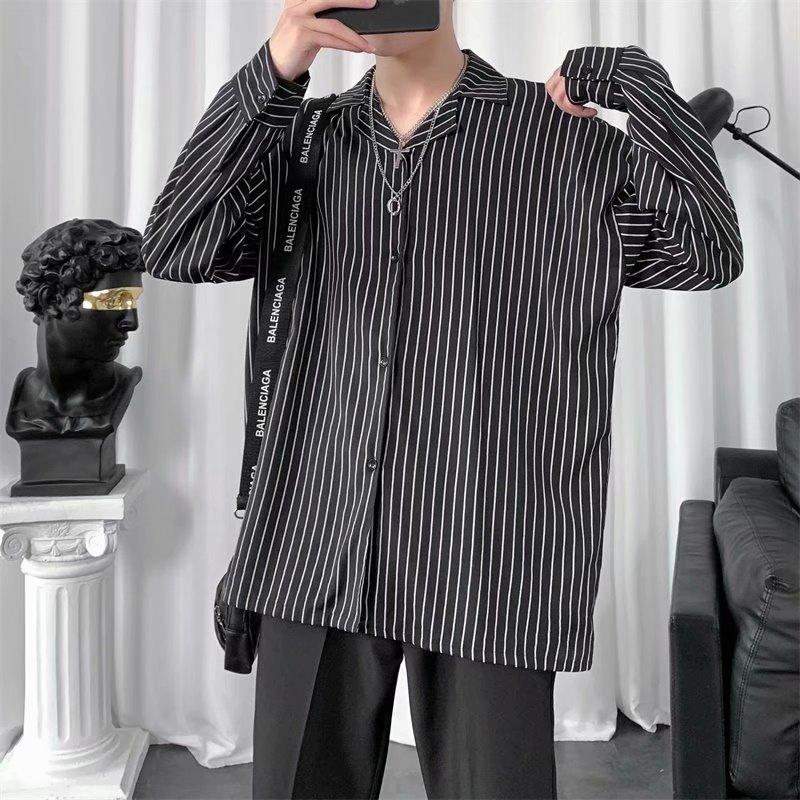 Korean Fashion Striped Striped Neck Long Sleeve Shirt for Men
