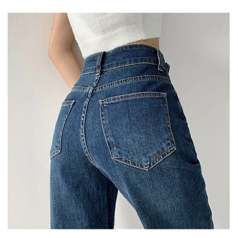 Quần Jeans Nữ Màu Xanh Đậm Cạp 2 Cúc Cao Ống Suông Phom Chuẩn Loại 1 Quảng Châu Style Ulzzang Hàn Quốc Đủ Size