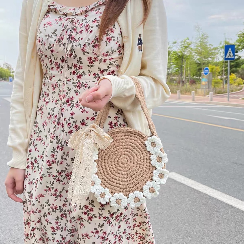 Túi tròn sợi simply cotton, túi len handmade viền hoa nhí vintage CHILLMEOW