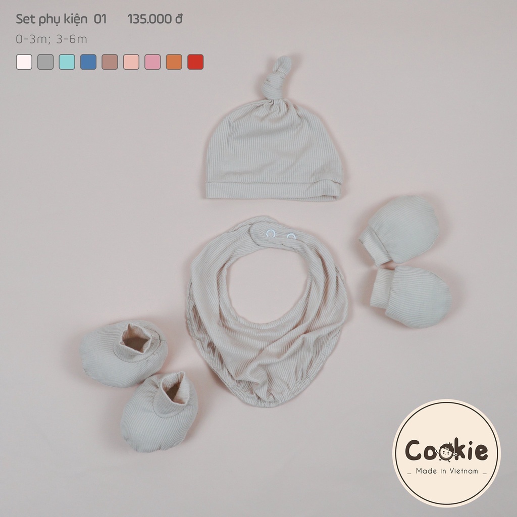COOKIE Combo 4 chi tiết phụ kiện Mũ chóp, bao tay bao chân, yếm cho trẻ sơ sinh