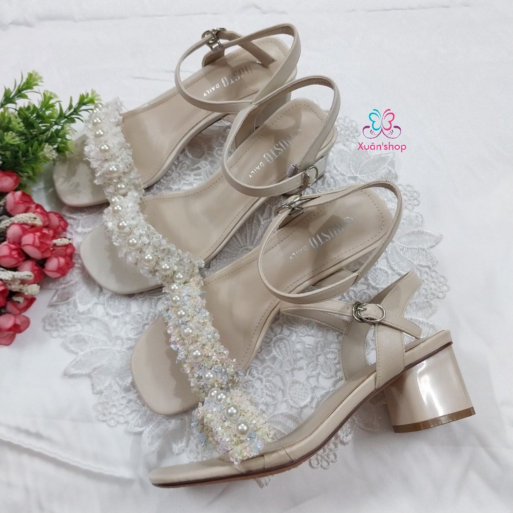 Sandal quai ngang Dusto, phối vải tweed thời trang, gót vuông 6m