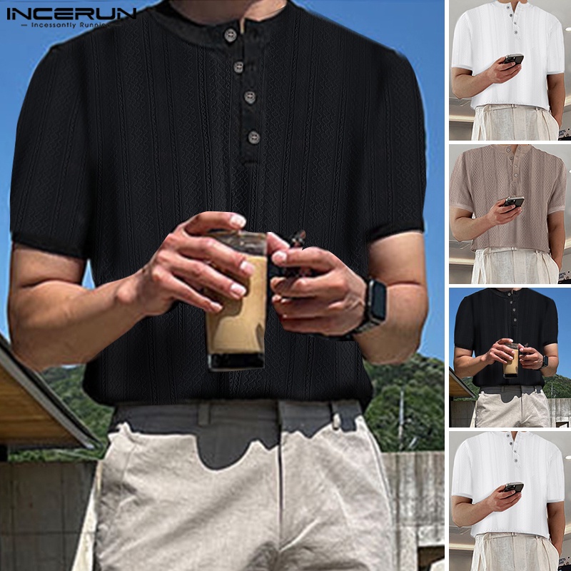 Áo thun dệt kim INCERUN tay ngắn phối nút thời trang mùa hè cho bam