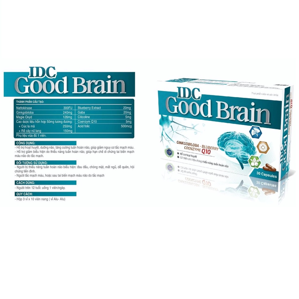 Bổ não IDC Good Brain hộp 30 viên giúp hoạt huyết, dưỡng não, tăng cường tuần hoàn não