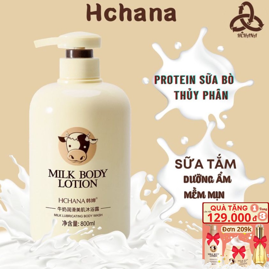 Sữa tắm Milk Body Botion Hchana chiết xuất Protein từ sữa thủy phân dưỡng ẩm thơm mát từ sữa bò 800ml