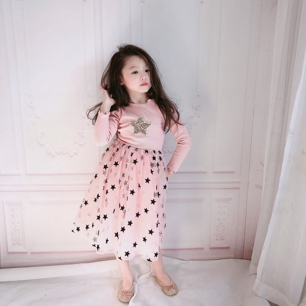 Váy bé  gái liền chân chất cotton hình sao lấp lánh