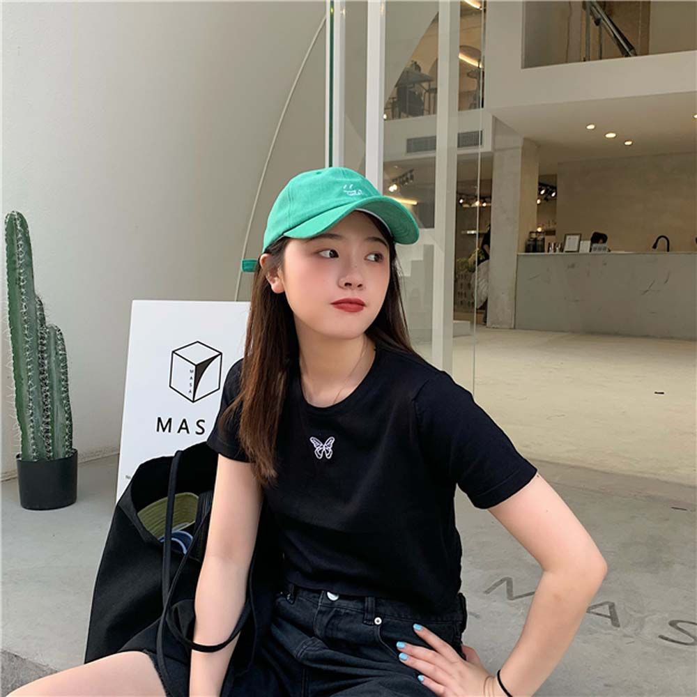 Mũ lưỡi trai mềm màu xanh lục hình mặt cười đơn giản thời trang Hàn Quốc