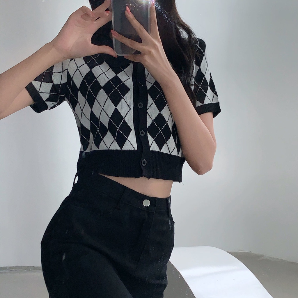 Áo Thun polo Ngắn Tay Cổ polo Họa Tiết Hình Thoi Phong Cách Retro Mỹ Thời Trang Mùa Hè Cho Nữ  tao bao