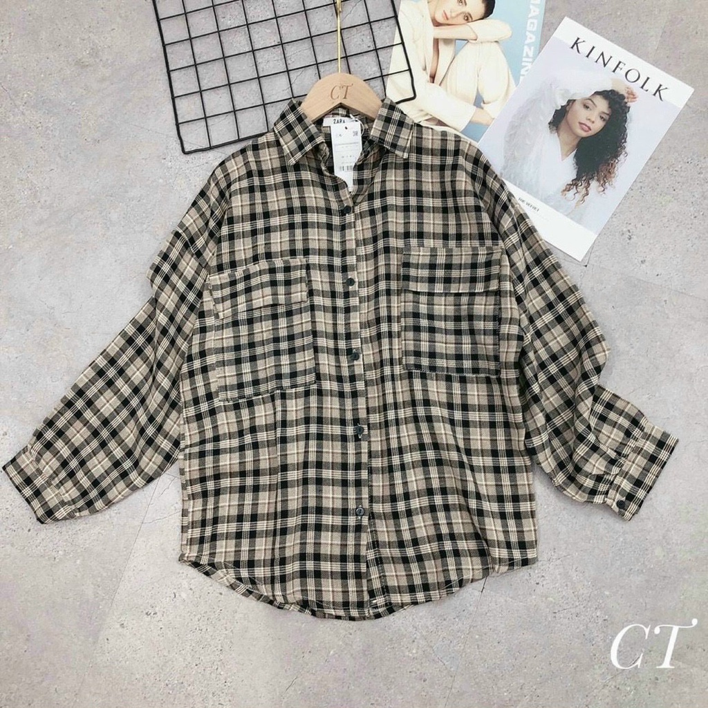 Áo Sơ Mi Sọc Caro Dài Tay Phối Hai Túi Dễ Thương  TTSLA654