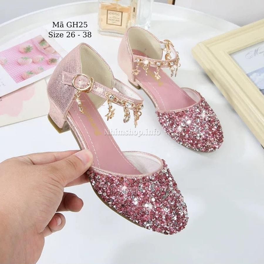 Giày búp bê cao gót đính đá cho bé gái 3 - 12 tuổi quai móc hồng điệu đà phù hợp trẻ em đi tiệc múa khiêu vũ GH25