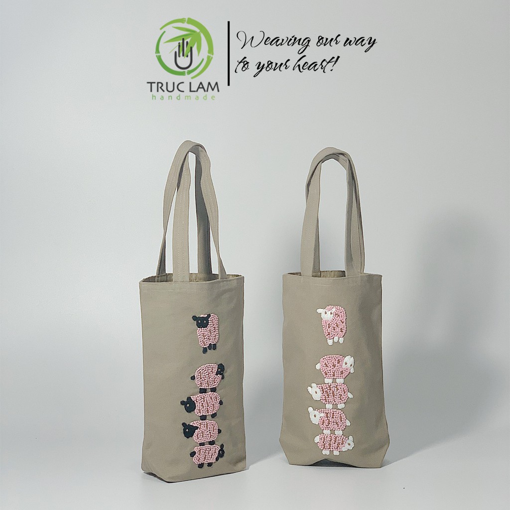 Túi Xách Tay Thêu Họa Tiết 5 Con Cừu Vải Canvas (A) - Trúc Lâm Handmade