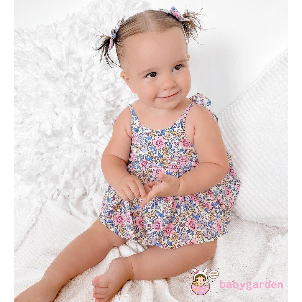 Bộ Áo Liền Quần Hai Dây In Hoa + Băng Đô Thời Trang Mùa Hè Cho Bé Gái