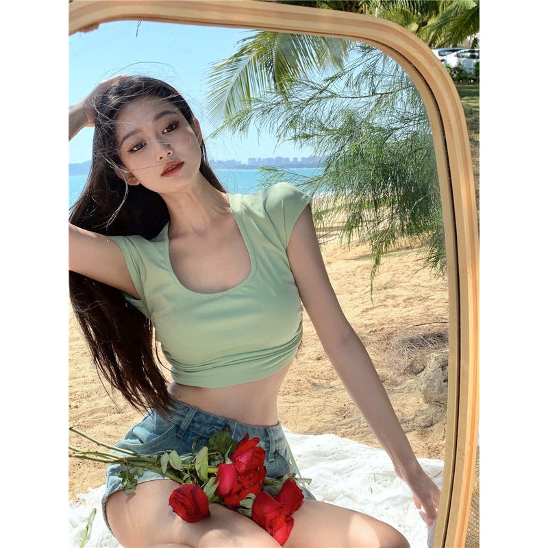 Áo Thun Ngắn Tay Cổ Vuông Hở Lưng Phong Cách Hàn Quốc Gợi Cảm Dành Cho Nữ