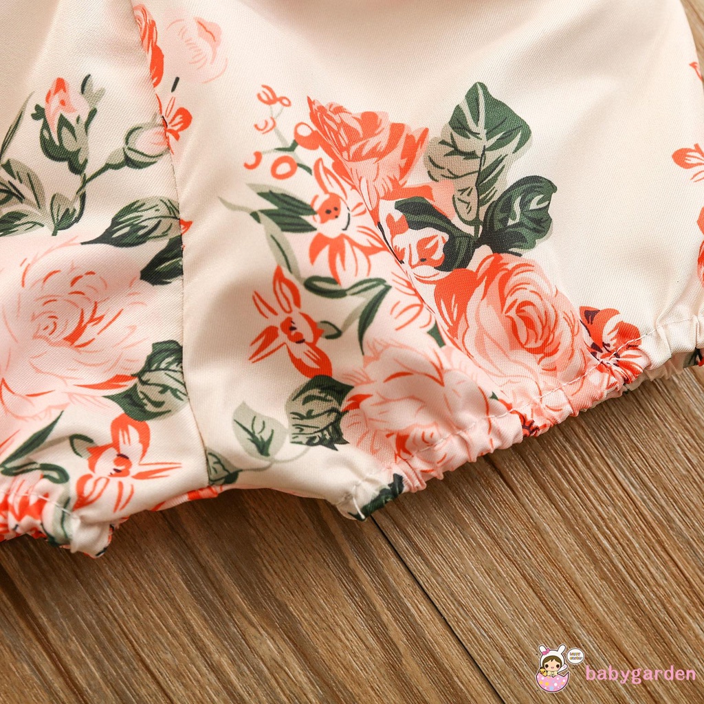 Áo liền quần tay ngắn diềm xếp nếp + quần short in hoa + băng đô phong cách mùa hè đáng yêu dành cho bé gái