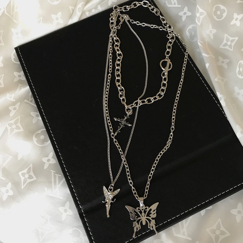 Set Dây Chuyền Nhiều Lớp Mặt Bướm/ Thanh Giá Và Cánh Thiên Thần Cá Tính