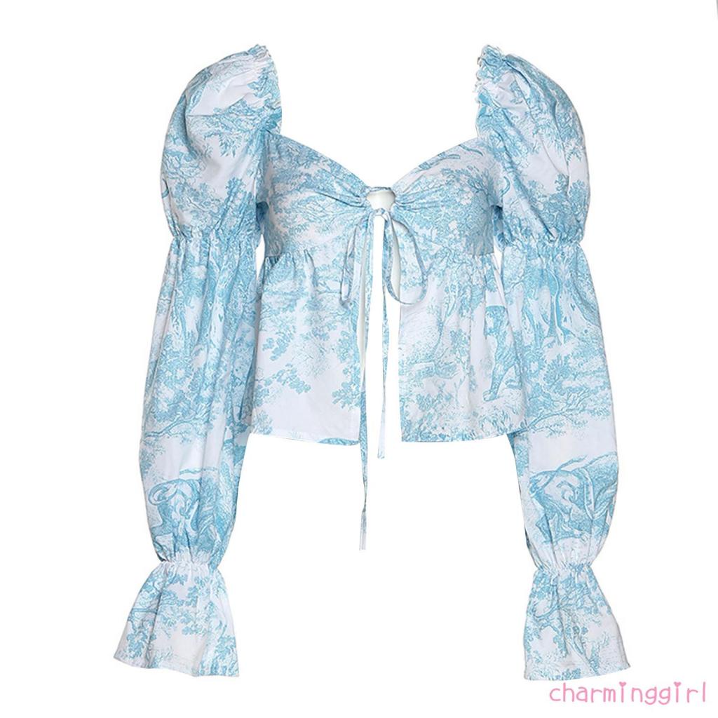 QAQ-Women Short Top Shirt Long Lantern Sleeve Print Low-Cut Tie-Up High Split Crop Tops