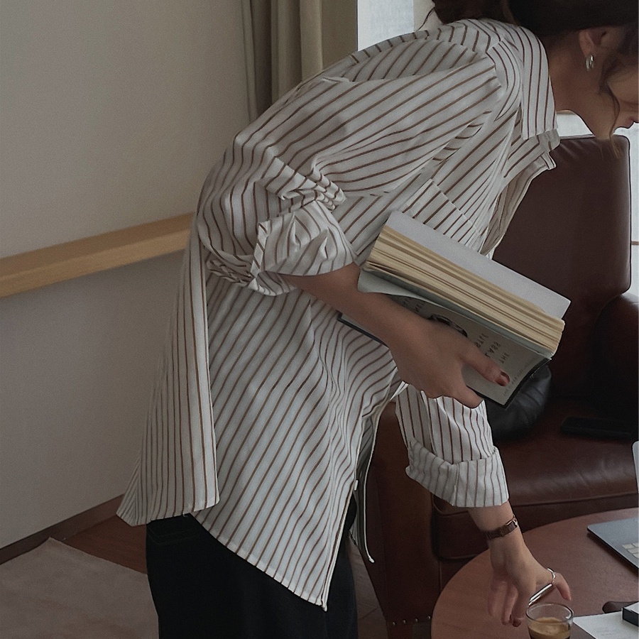 SUXI Áo sơ mi tay dài họa tiết kẻ sọc phong cách Hàn Quốc thời trang mùa thu dành cho nữ