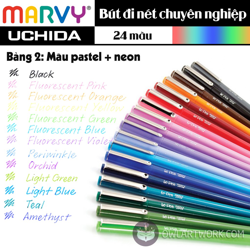 [CÂY LẺ] Bút Line Màu Lepen MARVY UCHIDA Đi Nét Chuyên Nghiệp (Bảng 2 Màu Pastel, Neon)