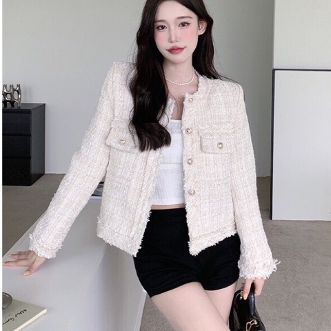 Áo khoác dạ tweed nữ dạng ngắn, áo dạ nữ kẻ hàng quảng châu có video ảnh thật