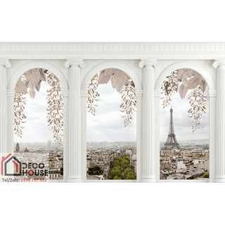 Tranh dán tường 3D cửa sổ hình tháp Eiffel
