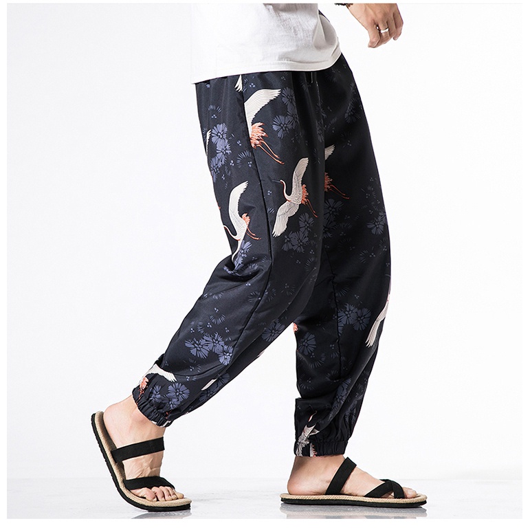 [Plus Size] Quần Ống Rộng In Hình Chim Hạc Phong Cách Harajuku Nhật Bản Chất Lượng Cao Cho Nam