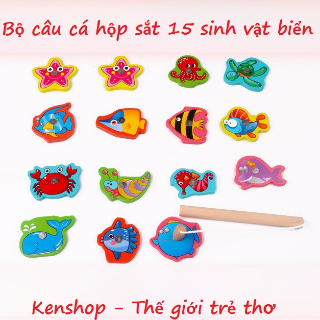 Đồ chơi Hộp câu cá nam châm đựng trong hộp sắt KB210721,Câu Cá Gỗ Hộp Sắt Rèn Vận Động Tinh Cho Bé