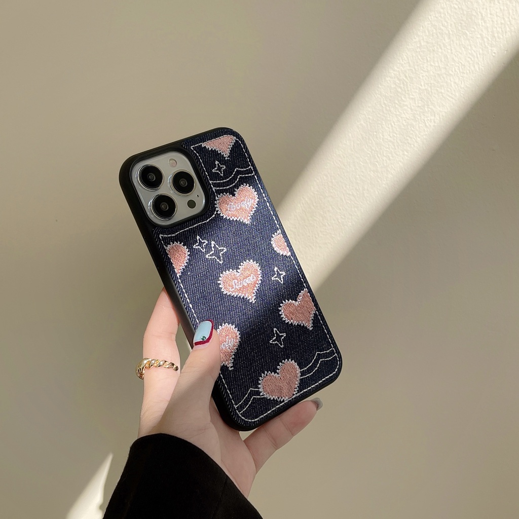 Ốp Điện Thoại Tpu Dẻo Màu Hồng Thêu Họa Tiết Trái Tim Đơn Giản Chống Sốc Chống Rơi Cho iPhone 14 13 12 11 Pro XS Max XR