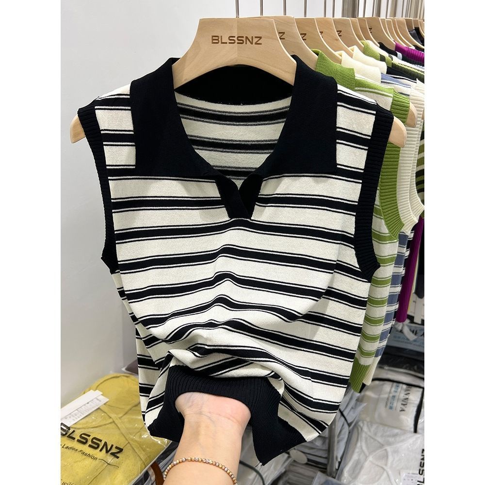 Áo Dệt Kim Sát Nách Cổ Polo Họa Tiết Kẻ Sọc Thời Trang Mùa Hè Cho Nữ
