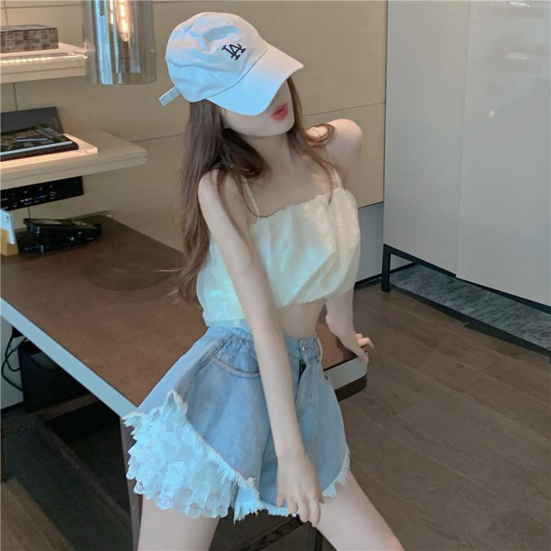 Quần đùi denim lưng cao phối quần ren bên trong mẫu 2023 thời trang mùa hè dành cho nữ