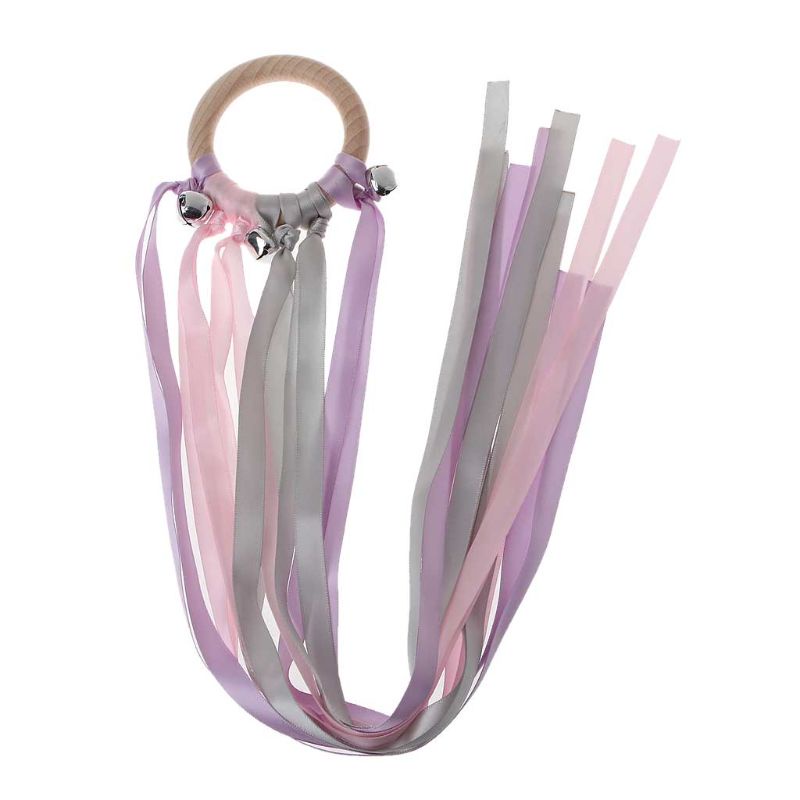 Vòng gỗ lục lạc tự nhiên với ruy băng cầu vồng đồ chơi ngậm nướu kiểu Montessori quà tặng cho bé sơ sinh