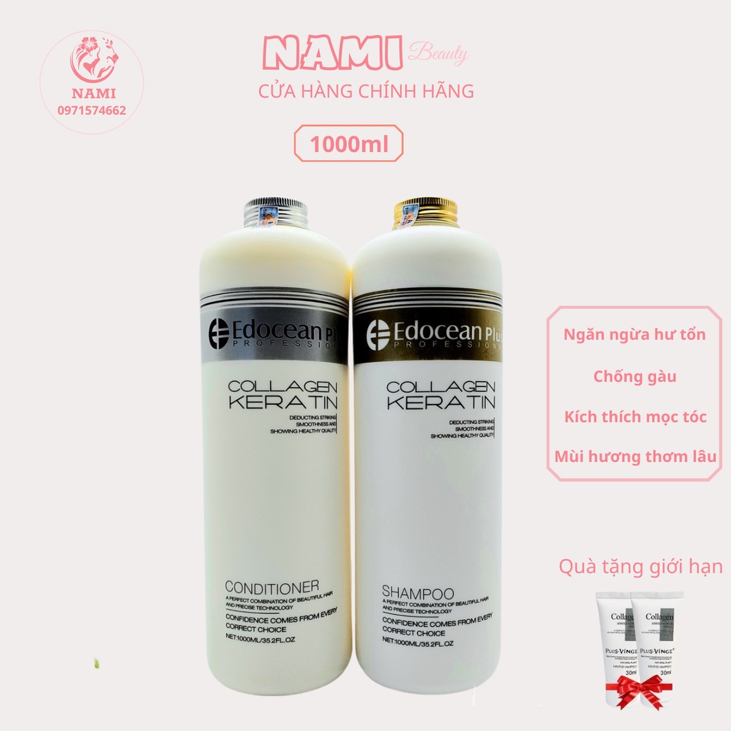 Cặp Dầu Gội Xả Keratin Collagen Edocean Plus 1000ml. Phục Hồi Tóc Khô Xơ, Hư Tổn. Giảm Rụng Và Kích Thích Mọc Tóc.