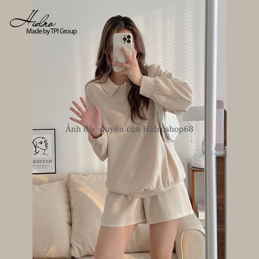 Set cotton tổ ong nữ áo dài tay cổ hai khuy mix quần short kiểu dáng năng động