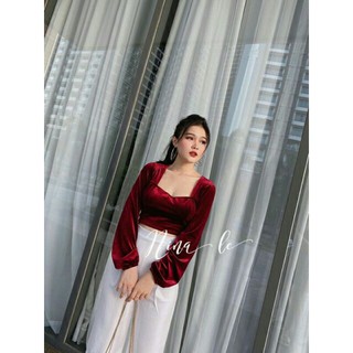 Áo nhung cổ vuông tay bồng