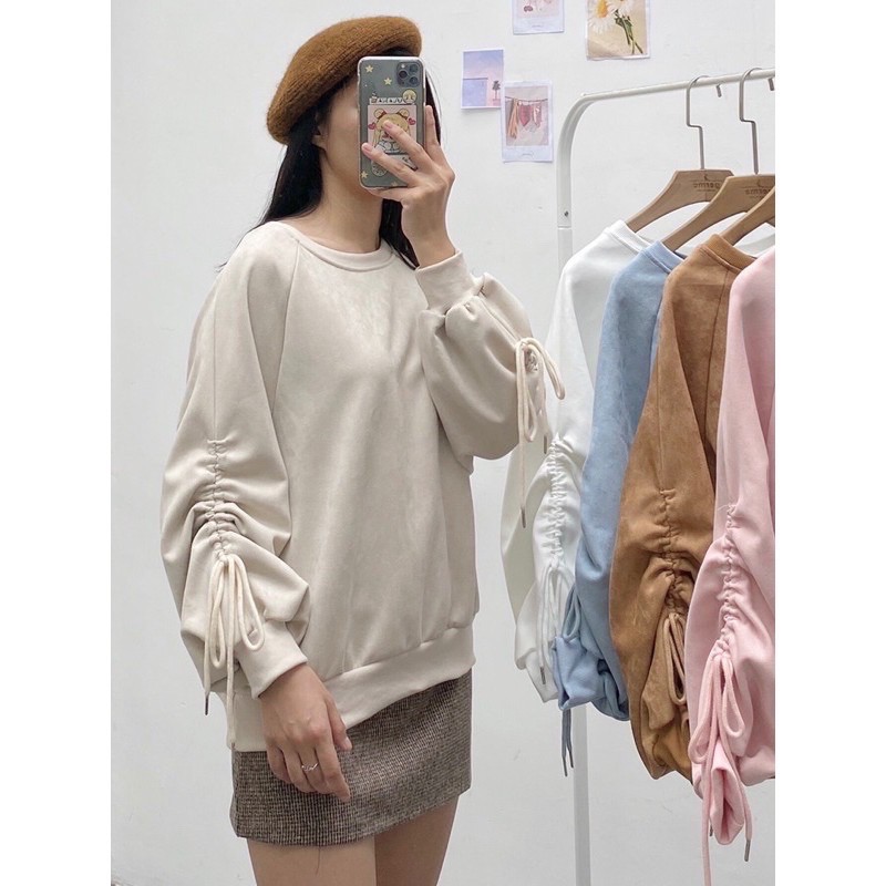 Áo tay rút da lộn màu be/ Long sleeves beige sweater