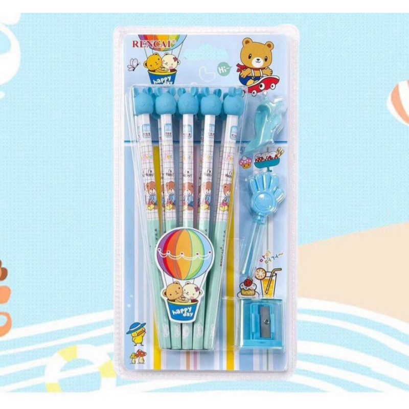 Set 10 bút chì HB, chuốt, gôm, cá đệm tay, nắp đậy cho bé