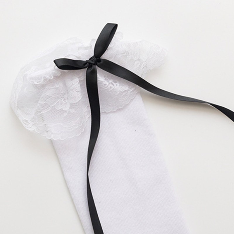 Đôi vớ cotton dài dưới gối phối ren đính nơ kiểu lolita nhật bản dễ thương cho nữ