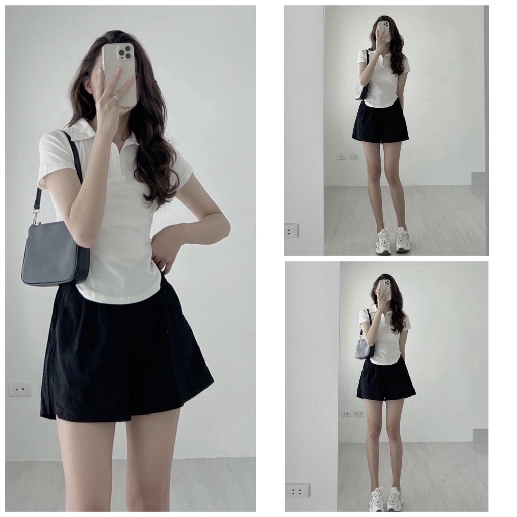 Set Short Kèm Áo Polo Vạt Bầu JOLIE Nữ  🌸 Bộ đồ quần sooc đùi ống rộng và thun body dáng ôm cộc tay Ulzzang 🌸