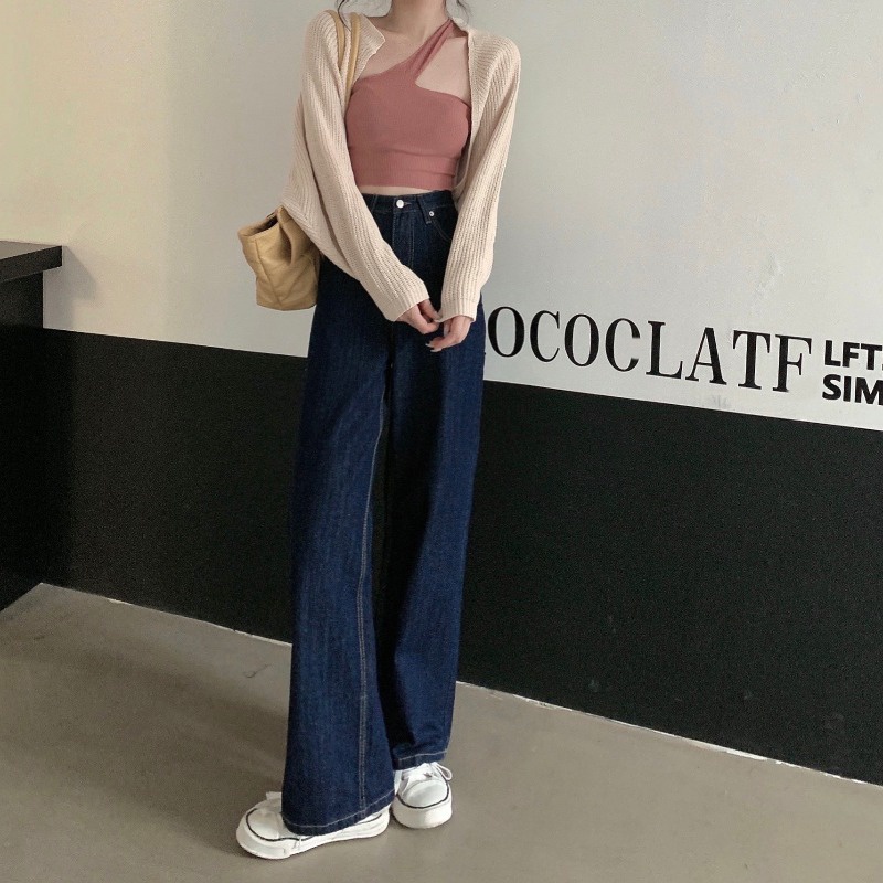 ❈❖Áo dây/ áo khoác/ quần jeans mỏng dài ống rộng thẳng lưng cao màu xanh dương đậm thời trang mùa thu dành cho nữ wd1378