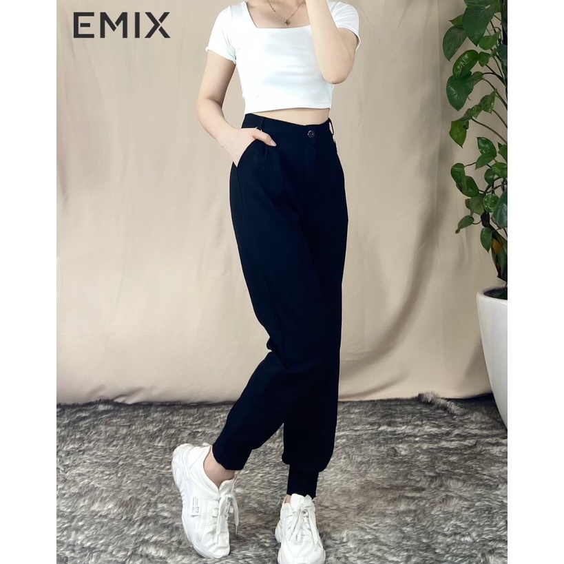 Quần jogger nữ bo gấu EMIX (màu đen), thể thao, dáng dài 90cm, chất đũi mềm mát, ít nhăn, không bai màu 911