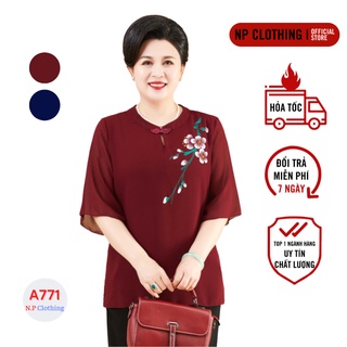 Áo Trung Niên Nữ A771, Kiểu Áo Trung Niên Cổ Tàu thêu Hoa Mai Đẹp Trang Nhã | Thời Trang NP Clothing