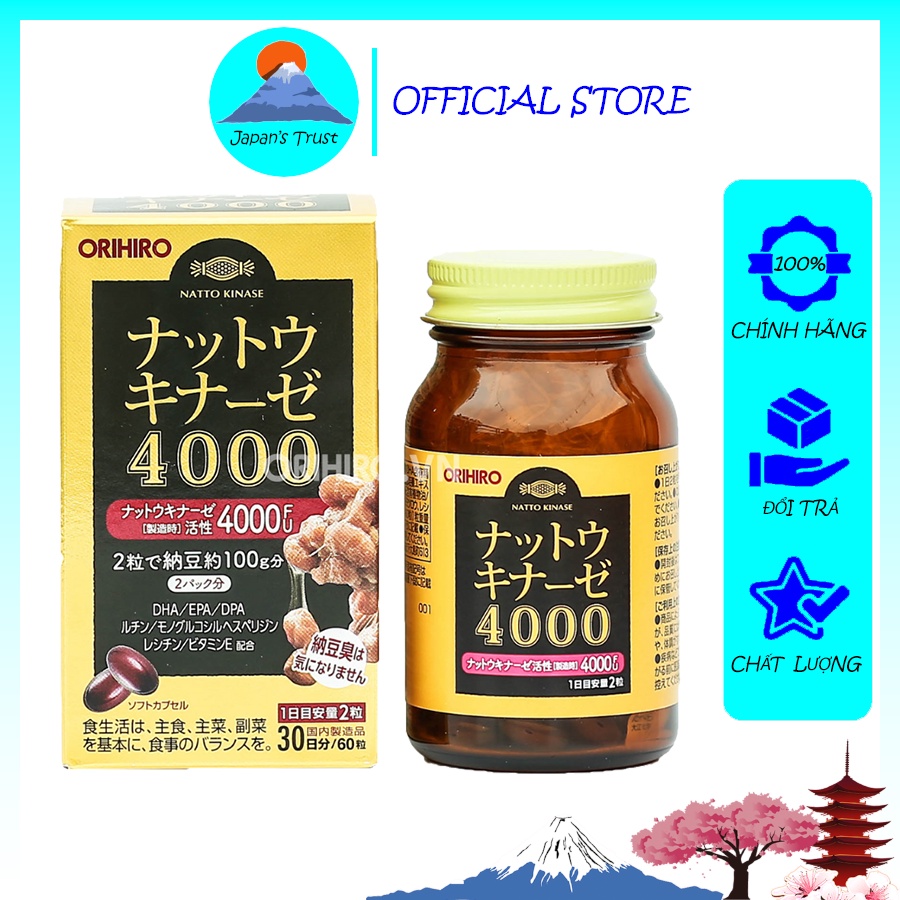 Viên uống hỗ trợ phòng chống đột quỵ Nattokinase 4000 FU Orihiro 60 viên Nhật Bản chính hãng Orihiro