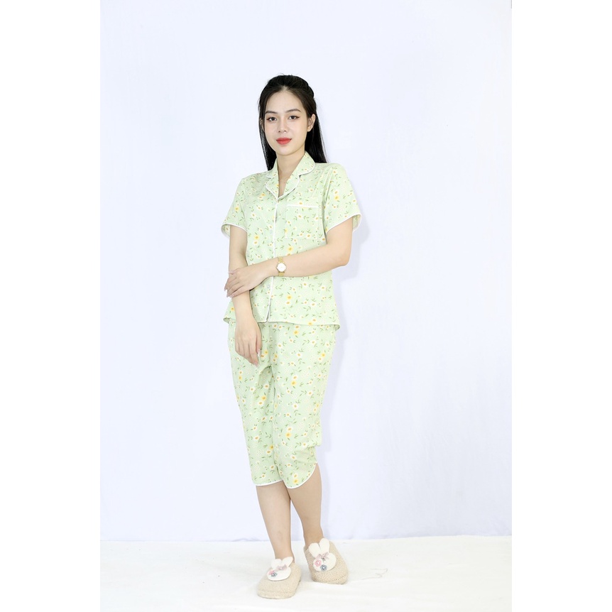 Đồ bộ nữ lửng L20 XANH MẠ pijama tay ngắn quần lửng in họa tiết HOA NHÍ MÙA THU cực Kì Sang Chảnh