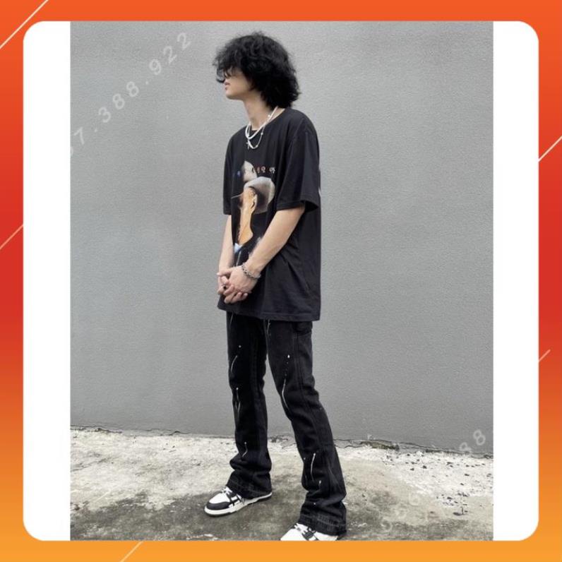 Quần Jeans Ống Loe Xả Lai Vẩy Sơn Phong cách Vinatge Xanh - Đen