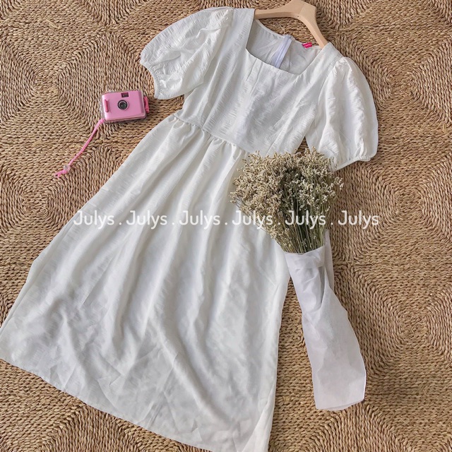 Váy babydoll nhún cổ vuông trắng (ảnh thật kèm video) | BigBuy360 - bigbuy360.vn