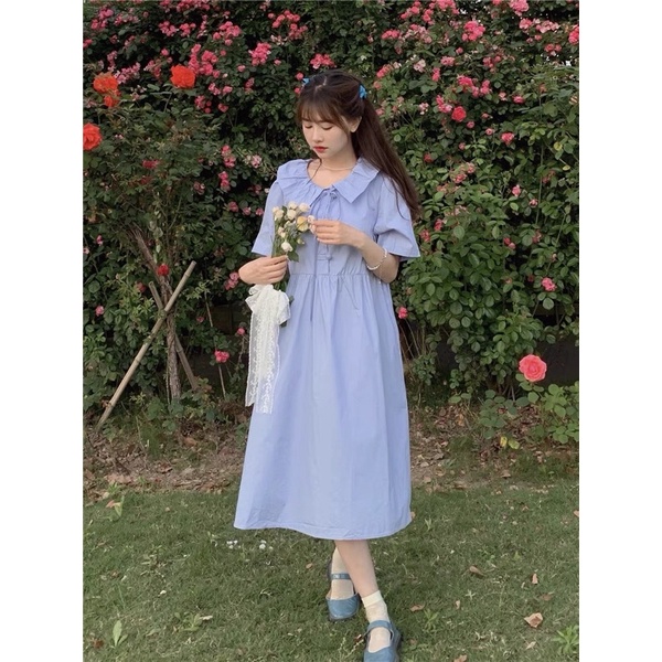 Váy babydoll dáng dài cổ chiếc lá cách điệu thắt nơ pastel dễ thương ulzzang Hàn Quốc [Yannie]