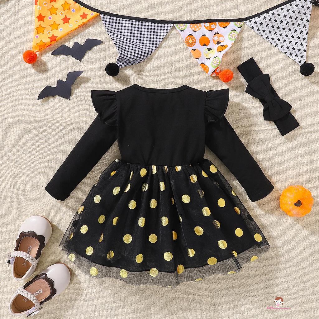 Đầm Tay Dài In Họa Tiết Mặt Bí Ngô Và Chấm Bi Đen Thời Trang Halloween Cho Bé Gái