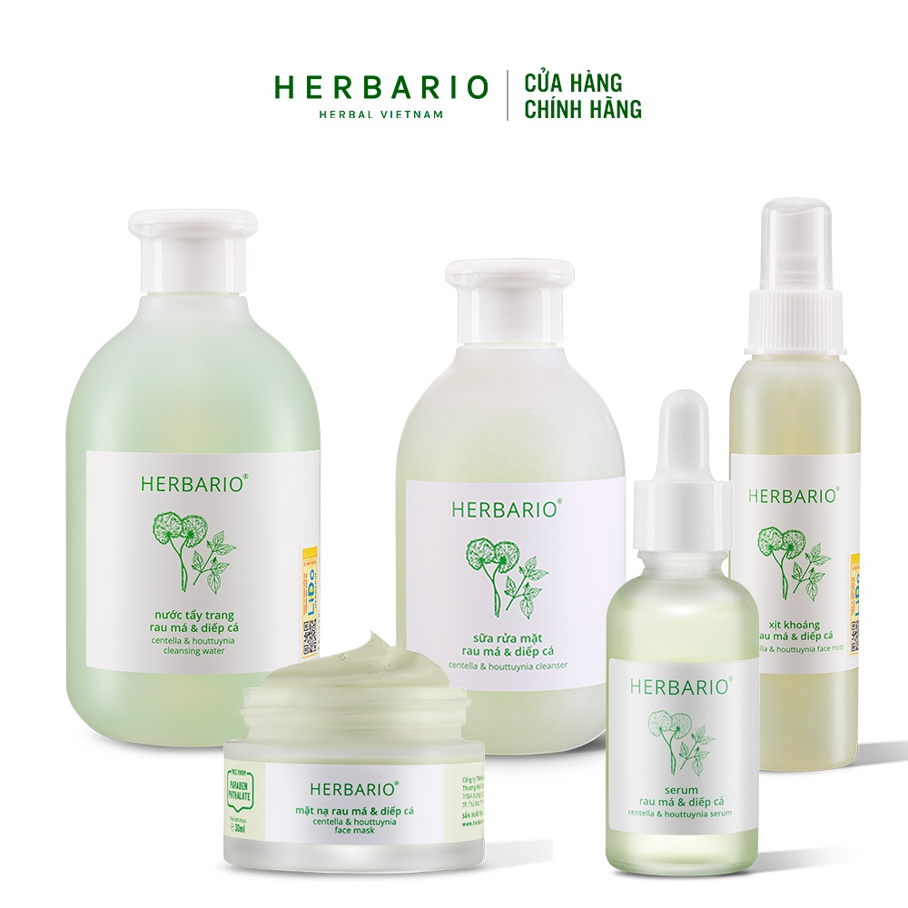 Bộ 5 cho da dầu, mụn từ rau má & diếp cá Herbario: Nước tẩy trang + Sữa rửa mặt + Xịt khoáng + Serum + Mặt nạ