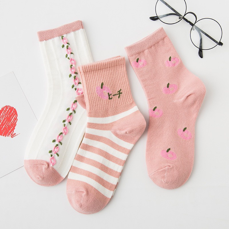 Set 3 đôi tất cổ cao Bivota vớ nữ hồng hoạt tiết hình quả đào đáng yêu T94