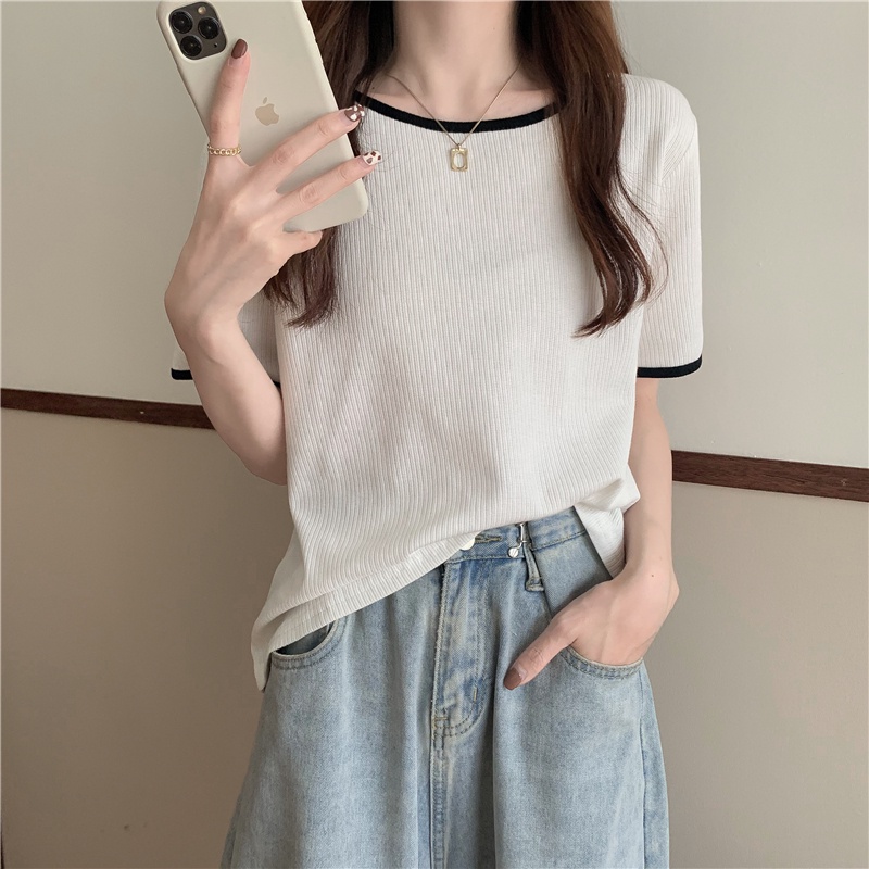 Áo Thun Dệt Kim Tay Ngắn Cổ Tròn Dáng Rộng Phong Cách Hàn Quốc Thời Trang Mùa Hè Cho Nữ